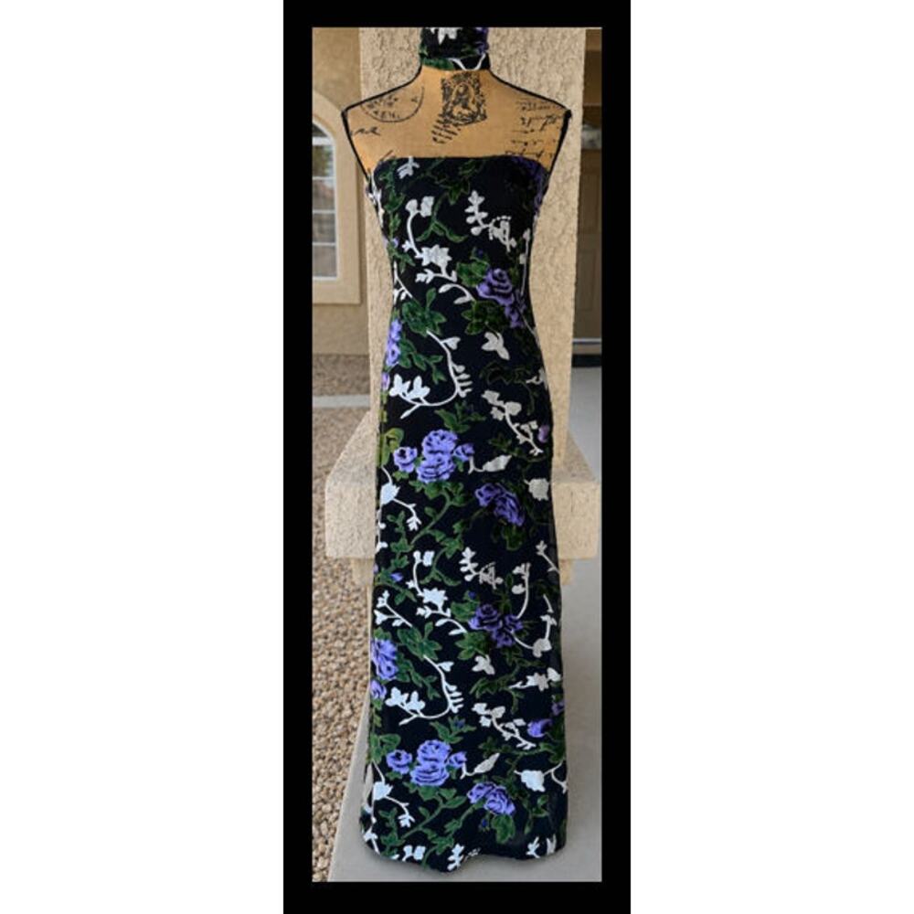 Lulus Corelia Black Floral Velvet Burnout Strapless Sash Maxi Dress Size S - Picture 4 of 11